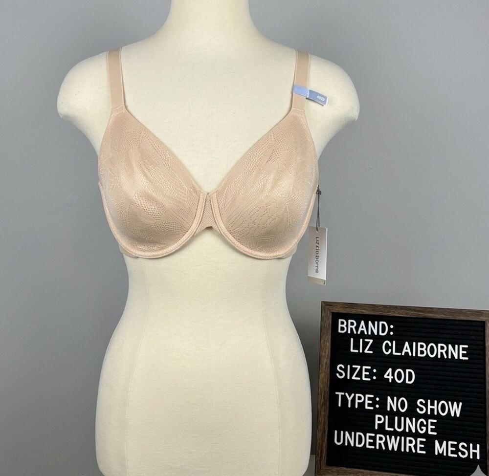 NWT Liz Claiborne No Show Bra 40D Beige Nude Unlined Plunge Underwire Mesh